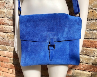 Messenger bag in genuine suede leather. Bright BLUE cross body bag. Boho suede bag with zipper and flap. Tablet or book bag in BLUE