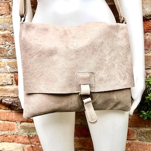 BOHO leather messenger bag in light BEIGE. Cross body bag in BEIGE suede. Soft genuine leather messenger bag.Beige leather purse image 1