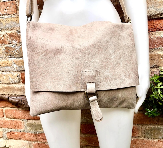 BOHO  leather messenger bag in light BEIGE. Cross body bag in BEIGE suede. Soft genuine leather messenger bag.Beige leather purse