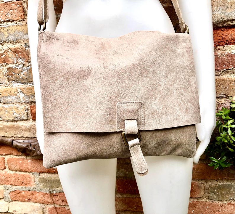 BOHO leather messenger bag in light BEIGE. Cross body bag in BEIGE suede. Soft genuine leather messenger bag.Beige leather purse image 1