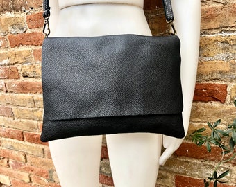 BLACK genuine leather bag. Cross body bag or shoulder bag in grain leather. Adjustable strap, zipper and flap. Medium size leather messenger