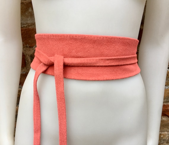 Ceinture OBI en daim ROSE corail. Ceinture enveloppante en cuir veritable. Ceinture portefeuille boheme rose saumon. Ceinture corail clair en daim naturel doux. Etsy France