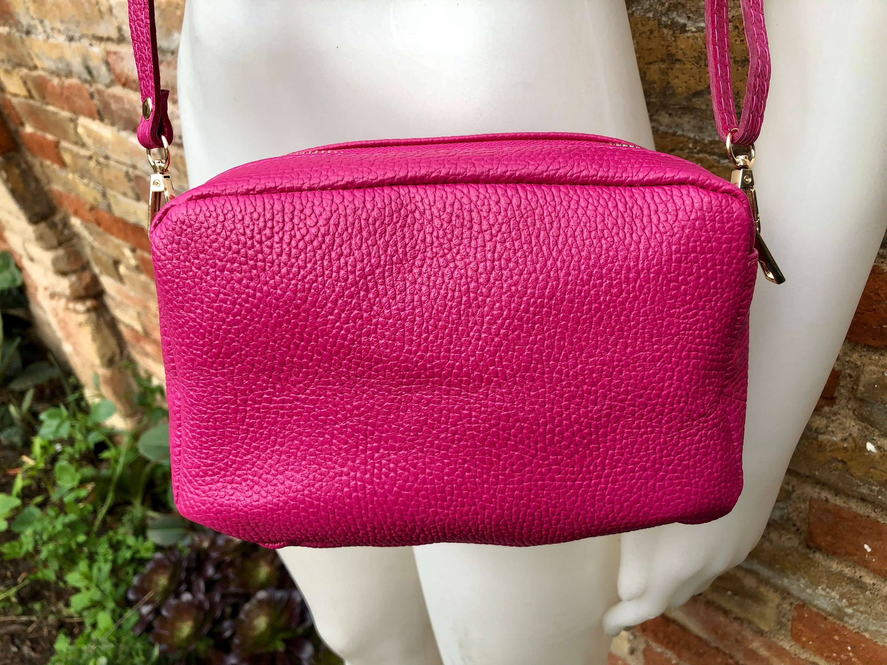 Small Leather Bag in Fuchsia Pink. Cross Body Bag Shoulder 