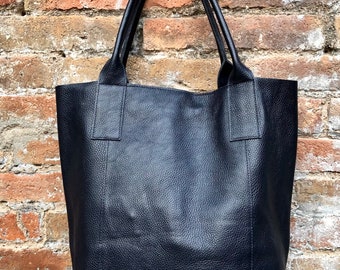 Tote leather bag in BLACK. Leather shopper in GENUINE leather. Large carry all bag for your laptop, books. Black leather shopper bag