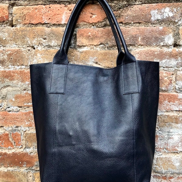 Tote leather bag in BLACK. Leather shopper in GENUINE leather. Large carry all bag for your laptop, books. Black leather shopper bag