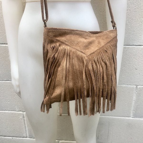 Cross body suede fringe  bag. BOHO  leather bag in dark beige. Messenger bag in soft  genuine suede leather.Brown crossbody hippy tassel bag