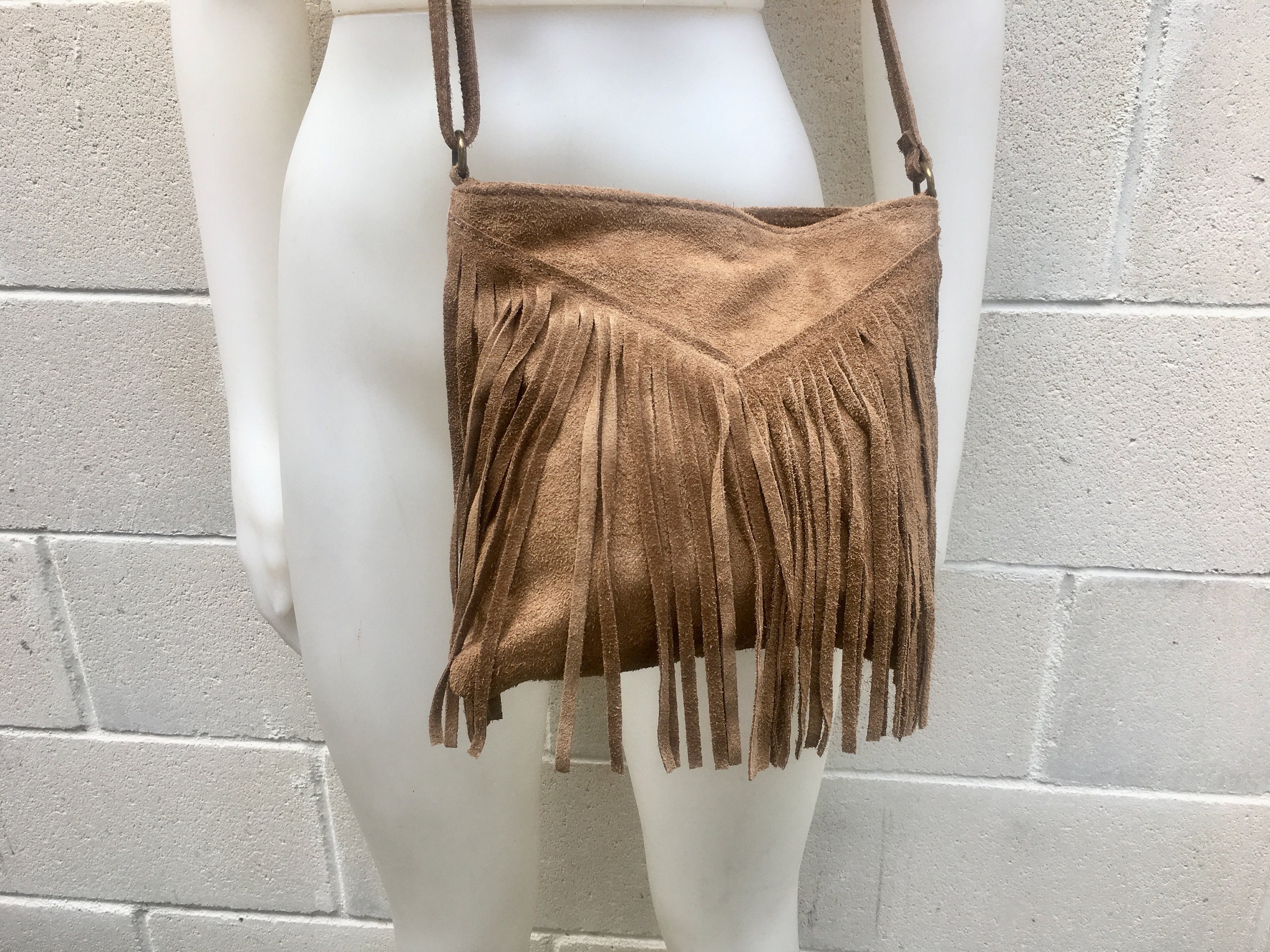 Cross Body Suede Fringe Bag. BOHO Leather Bag in Dark Beige. - Etsy
