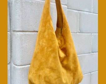 Slouch bag with ZIPPER. Tote leather bag in MUSTARD yellow. Soft natural suede, genuine leather bag.MUSTARD yellow suede bag.Hobo,laptop bag