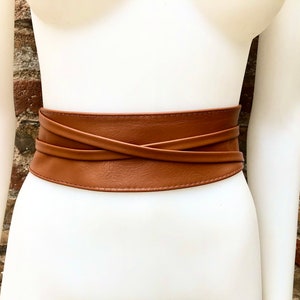 Obi belt in soft leather. Wrap belt in CAMEL BROWN. Waist belt in TOBACCO. Wraparound belt in brown genuine leather. Boho tan wide belt. image 6