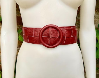 Vintage Burgundy Genuine Leather Belt , Wide Braided Boho  display picture 3