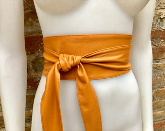 Light camel orange obi belt. Wrap belt in soft genuine leather. Wraparound waist belt. Wide style. Boho dress belt in light orange leather