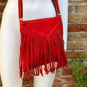 Cross body bag. BOHO suede leather bag in RED with fringes. Messenger bag in soft  genuine suede leather. Dark red crossbody hippy bag