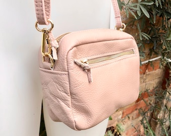 Small light PINK leather bag. GENUINE leather shoulder / cross body bag. Soft PINK leather purse with adjustable strap and zipper.