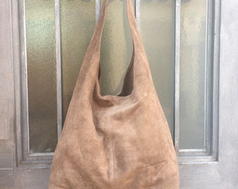 Slouch bag.Large TOTE leather bag in dark BEIGE. Soft natural suede leather bag. Bohemian bag. Light BROWN  suede bag.