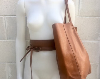 Tote bag in camel BROWN with belt.Soft natural GENUINE leather bag + belt set. Large brown leather bag. Computer, tablet or Laptop bag.