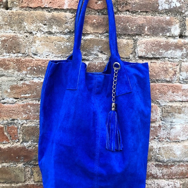 Cobalt BLUE leather shopper bag in genuine suede. Slouchy  BLUE carry all tote bag for laptop, tablet, books. Royal BLUE leather purse