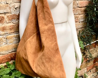 CAMEL brown suede slouch leather bag. Genuine leather large shoulder bag. Rusty brown origami bag with brown leather accent. Large shopper