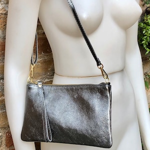 Small leather bag in METALLIC dark SILVER .Cross body, shoulder bag or wristlet in GENUINE leather. Silver leather purse + adjustable strap