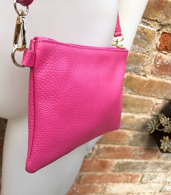 Small Leather Bag in Fuchsia Pink. Cross Body Shoulder Bag or 