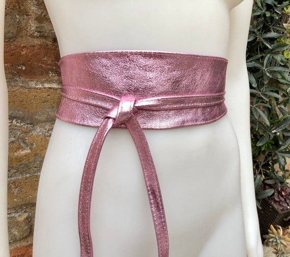 Cinched pink metallic marbled Obi wrap fitted belt One Size PINK - GOLD Obi Belt. Soft Genuine Glitter Leather Wrap Belt  main image 4