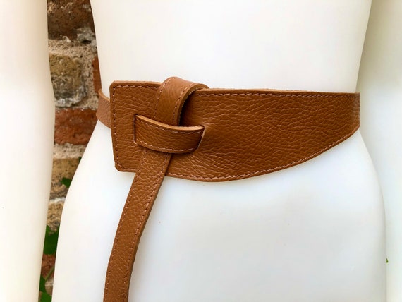 Leather 80s Style Obi Belt . Wrap Belt in Camel BROWN. Waist  display picture 1