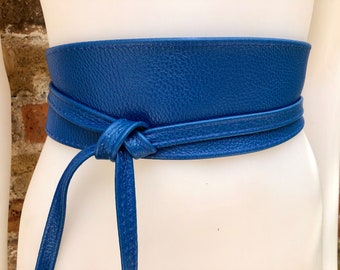 Obi belt in soft leather. Wrap belt in BLUE. Waist belt in cobalt blue genuine leather. Boho wraparound dress belt.