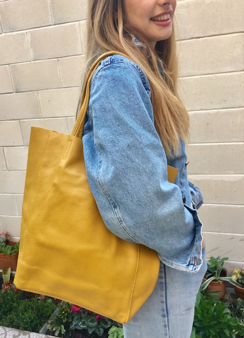 Tote Leather Bag in Mustard YELLOW. Soft Natural GENUINE Etsy