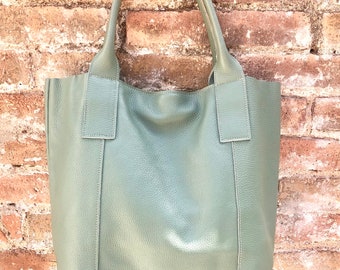 GREEN tote leather bag. Genuine leather shopper. Large carry all bag for your laptop / books. GREEN leather shoulder bag. Sage green purse