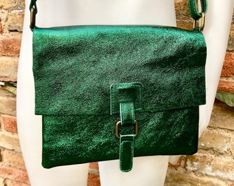 Metallic green crossbody / shoulder bag, genuine leather small crossover, messenger bag with zipper and flap. Small green leather purse