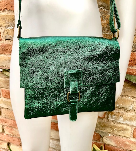 Metallic Green Crossbody Shoulder Bag, Genuine Leather Small