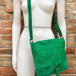 GREEN suede leather bag. Soft natural suede, genuine leather bag. Green messenger with zipper, flap and adjustable strap. image 2