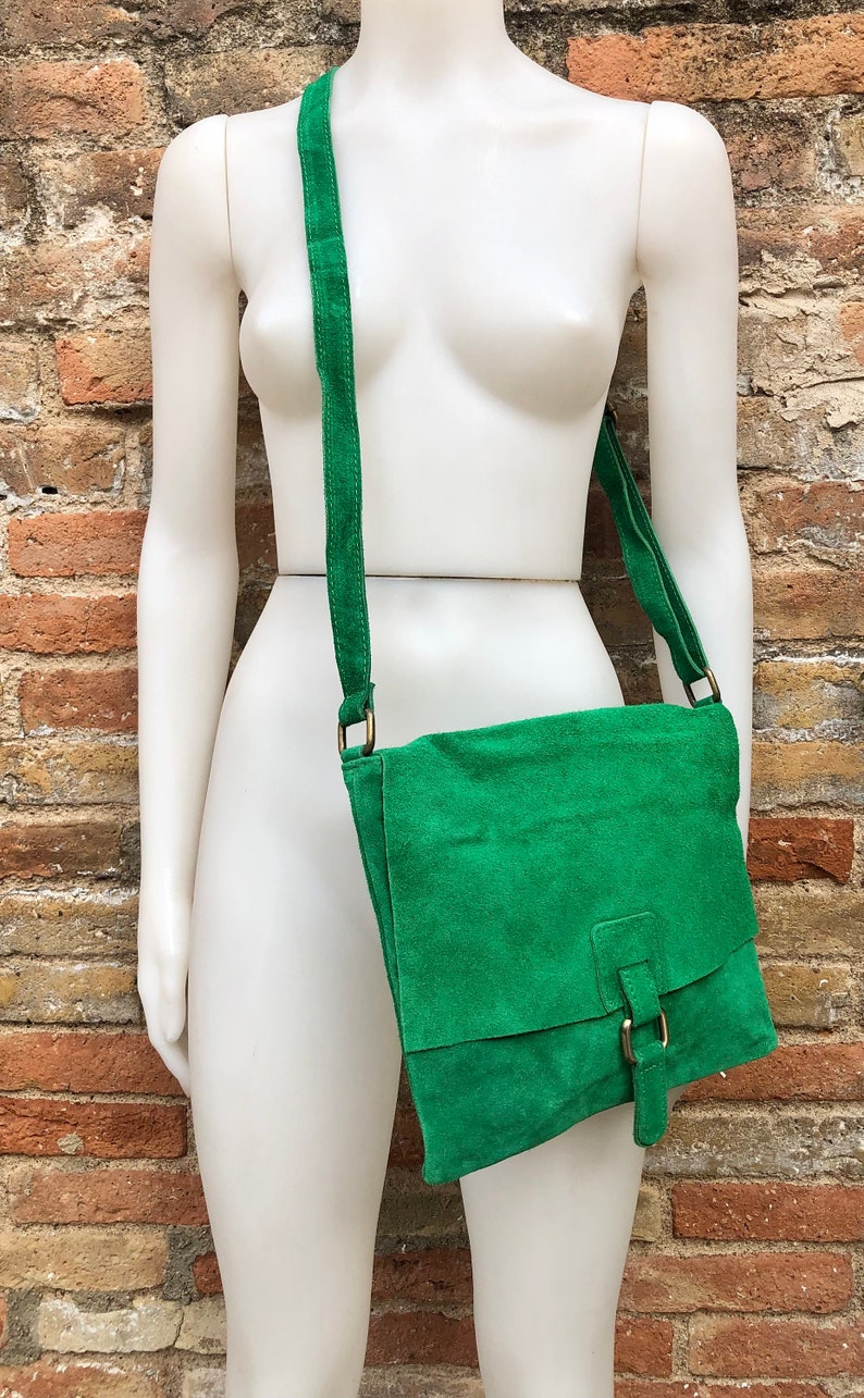 GREEN suede leather bag. Soft natural suede, genuine leather bag. Green messenger with zipper, flap and adjustable strap. image 2