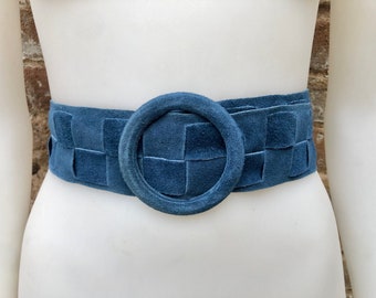 Blue suede waist belt with large round buckle. Boho soft suede wide belt in blue. Genuine natural blue suede leather. Blue dress belt