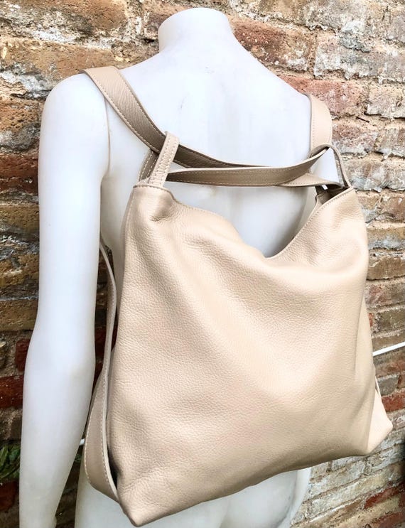 beige genuine leather backpack Beige Genuine Leather Rucksack/ Shoulder Bag.cream Color Genuine Leather  Shopper.beige Carry All / Backpack- Light Beige Large Leather Purse