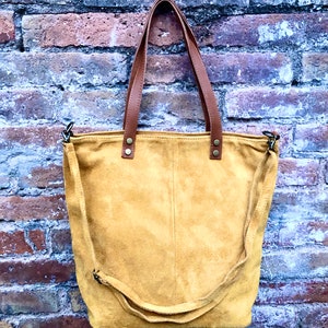 Large TOTE leather bag in MUSTARD yellow. Soft  suede, genuine leather bag. Yellow suede bag. Laptop bag in suede. Large cross body bag