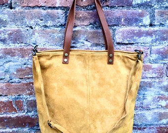 Large TOTE leather bag in MUSTARD yellow. Soft  suede, genuine leather bag. Yellow suede bag. Laptop bag in suede. Large cross body bag