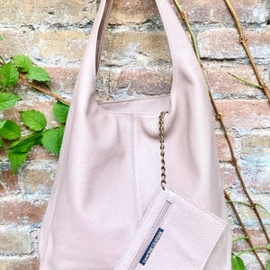 Slouch bag. Tote leather bag in light pink with ZIPPER. Soft genuine leather. Soft pink leather purse. Wide strap leather shoulder bag. WITH POUCH