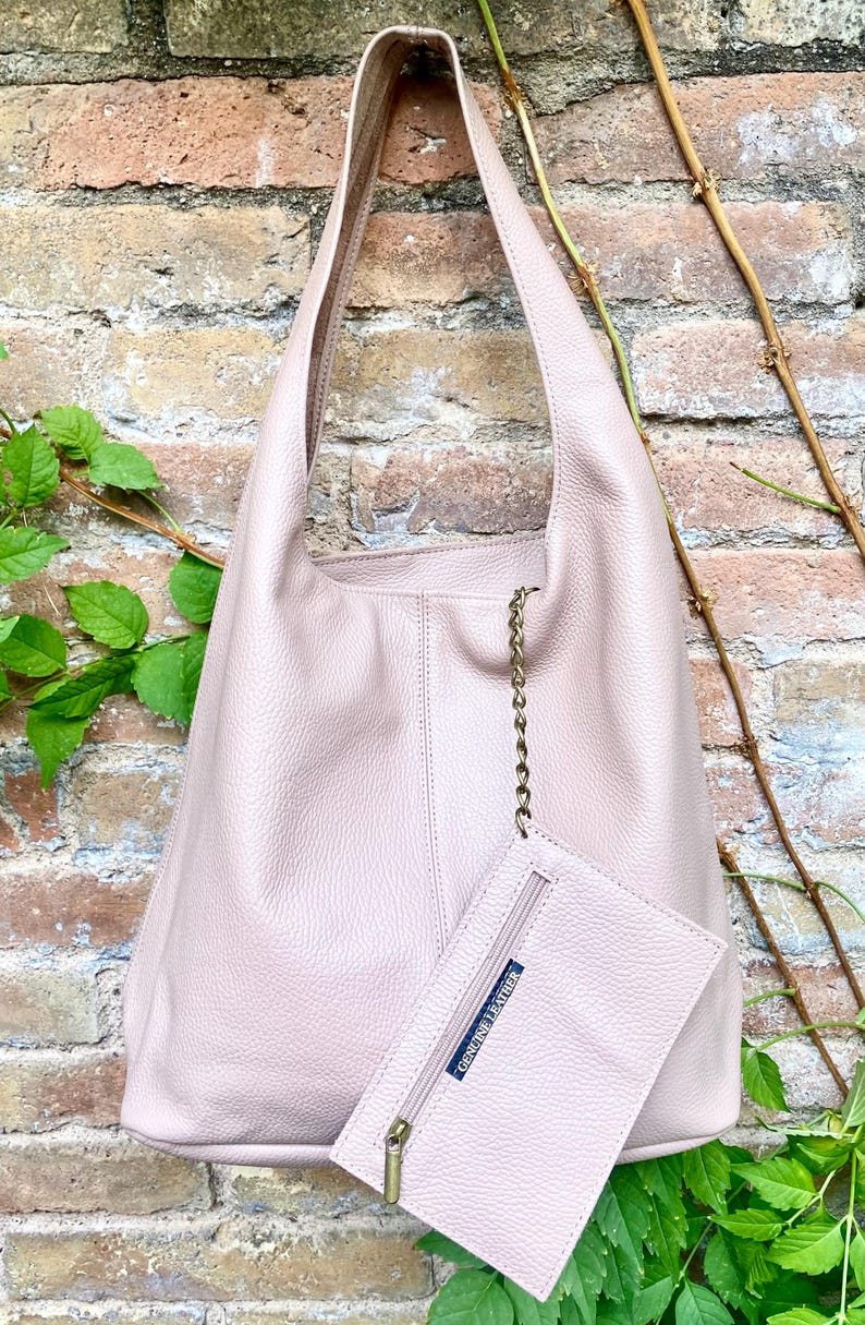 Slouch bag. Tote leather bag in light pink with ZIPPER. Soft genuine leather. Soft pink leather purse. Wide strap leather shoulder bag. WITH POUCH