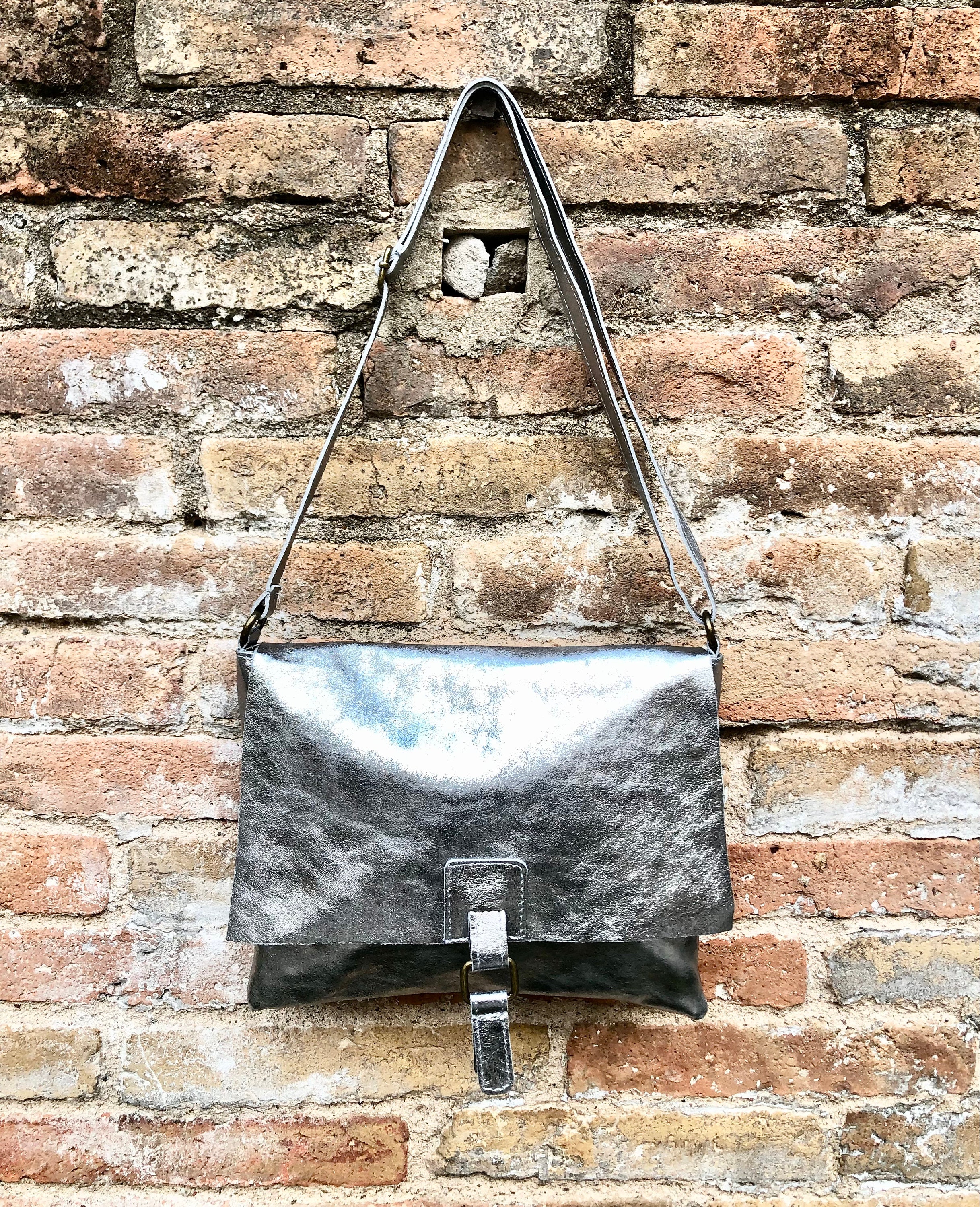 Silver Color Crossbody Leather Bag. Soft Genuine Laminated