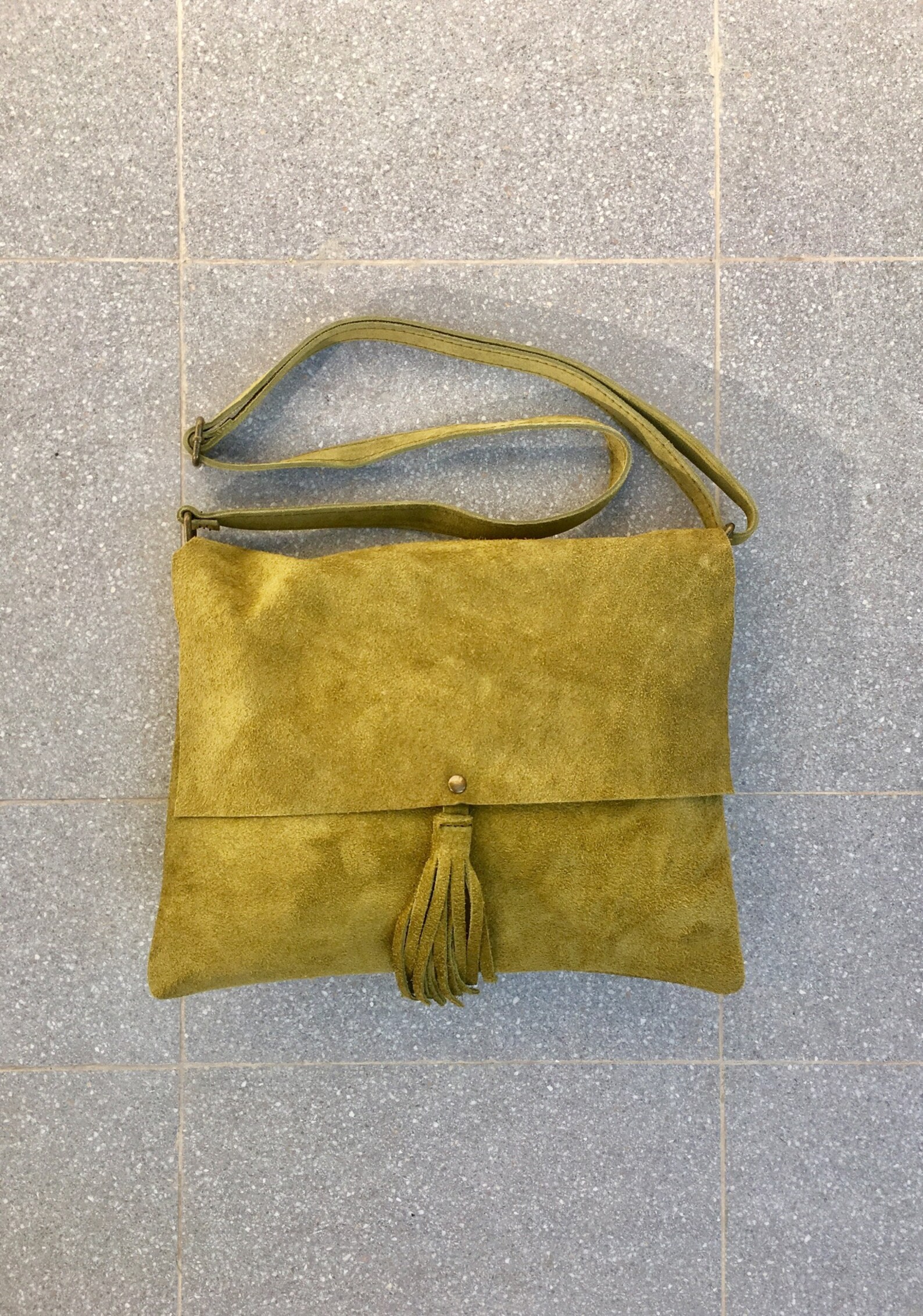 Cross body bag. BOHO suede leather bag in MOSS green . Soft Etsy