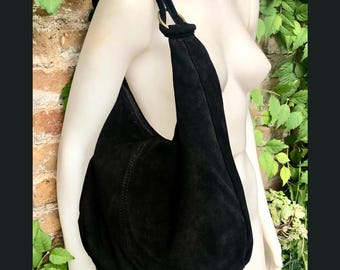 BLACK suede slouchy bag with ZIPPER + lining. Soft natural suede shopper, genuine leather bag. BLACK suede purse . Hobo black suede purse.