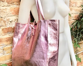 Light metallic PINK tote leather bag. Leather shopper in soft shiny finish GENUINE leather.Glitter pink purse for your laptop, tablet, books