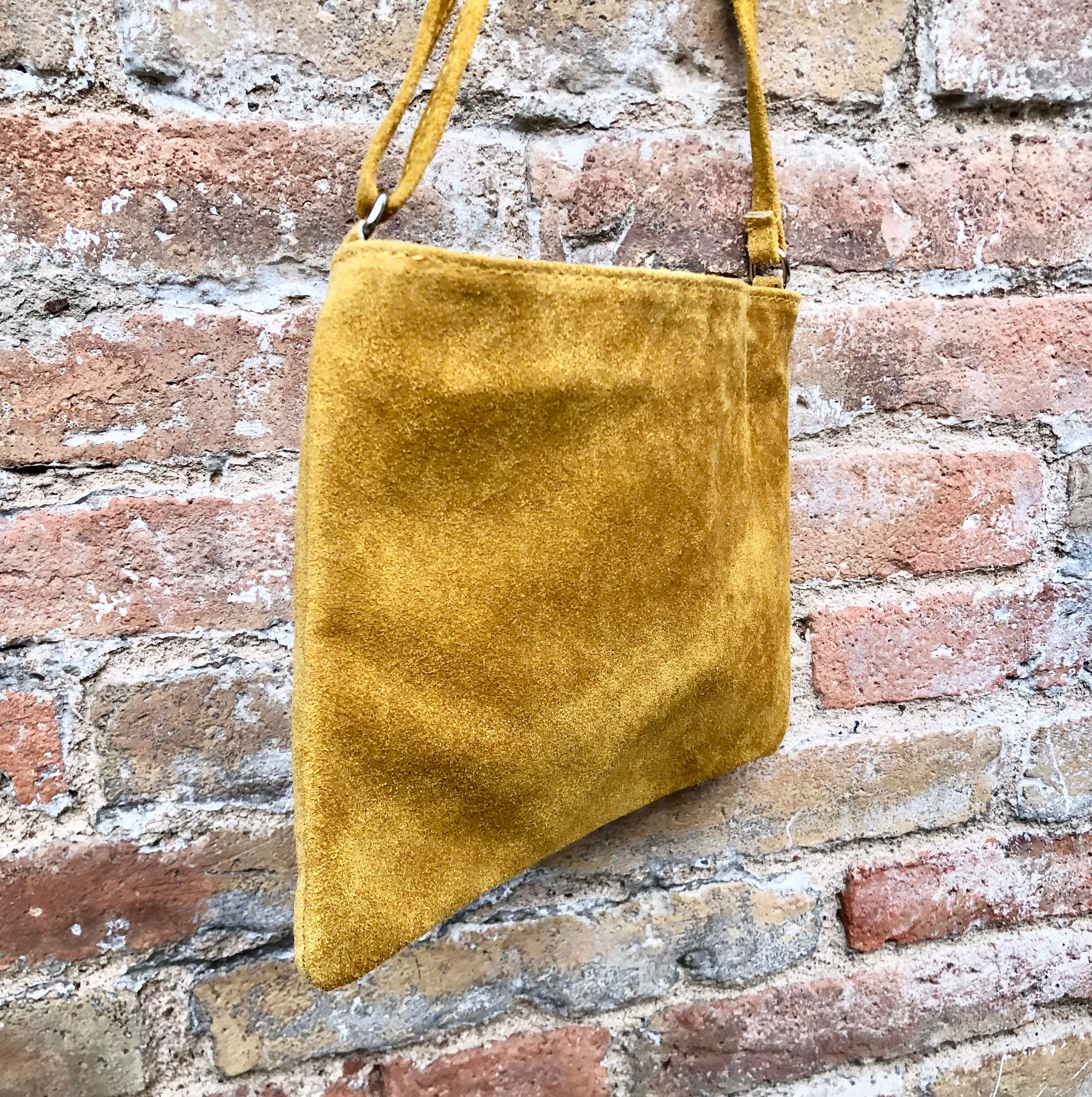 Mustard Yellow Suede Leather Bag. GENUINE Leather Small