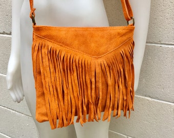 Cross body bag. BOHO suede leather bag in ORANGE with FRINGES. Boho messenger bag in soft  genuine suede leather. Orange crossbody hippy bag