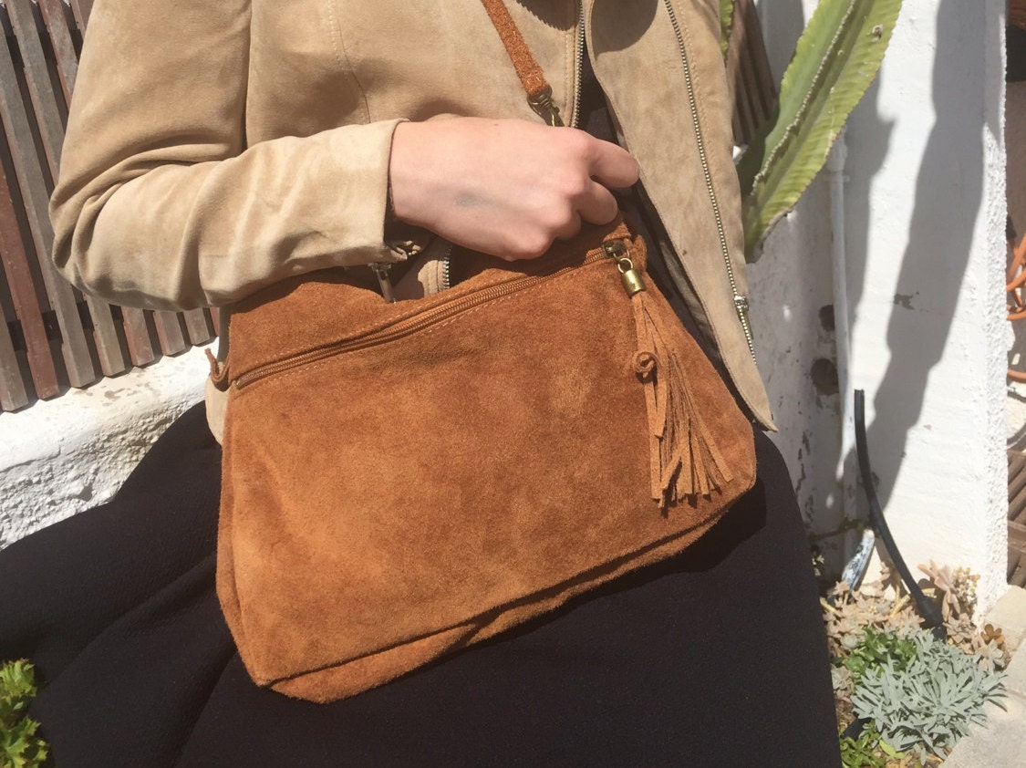BOHO suede leather bag in light camel BROWN. Soft genuine leather bag –  Handmade suede bags by Good Times Barcelona