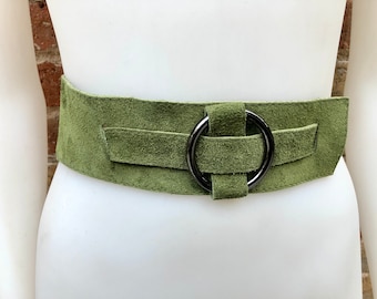 Boho 70s , 80s style GREEN suede OBI belt. Wrap belt in  natural soft  suede. Green waist belt, Wraparound  green belt in genuine leather