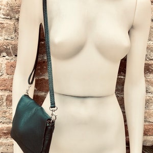 Small leather bag in teal BLUE-GREEN. Crossbody or shoulder bag in GENUINE leather. Blue purse with adjustable strap, flap and zipper. image 4