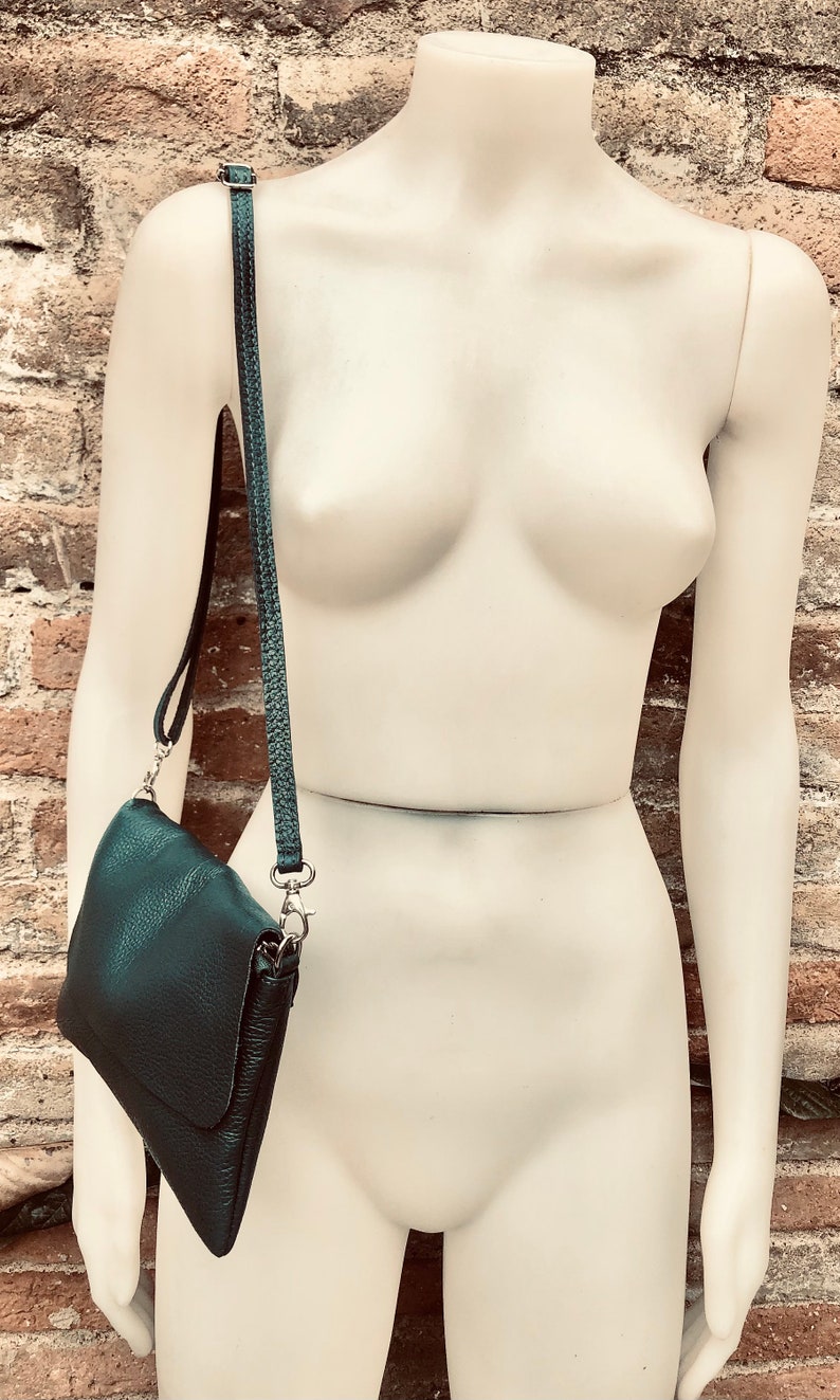 Small leather bag in teal BLUE-GREEN. Crossbody or shoulder bag in GENUINE leather. Blue purse with adjustable strap, flap and zipper. image 4