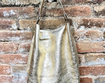 Slouch leather bag in GOLD metallic leather. Gold hobo shoulder bag. Genuine leather book / tablet bag. Leather shopper. Gold purse.