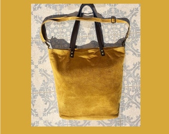 Large TOTE leather bag in MUSTARD yellow. Soft  suede, genuine leather bag. Yellow suede bag. Laptop bag in suede. Large cross body bag